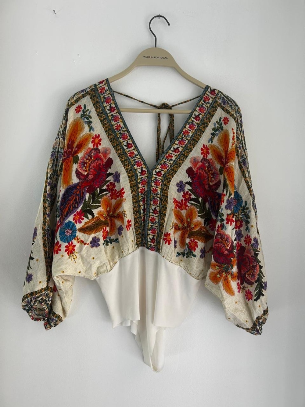 FARM Rio Cream Floral Embroidered V-Neck Bodysuit with Tassel Tie - Picture 2 of 2